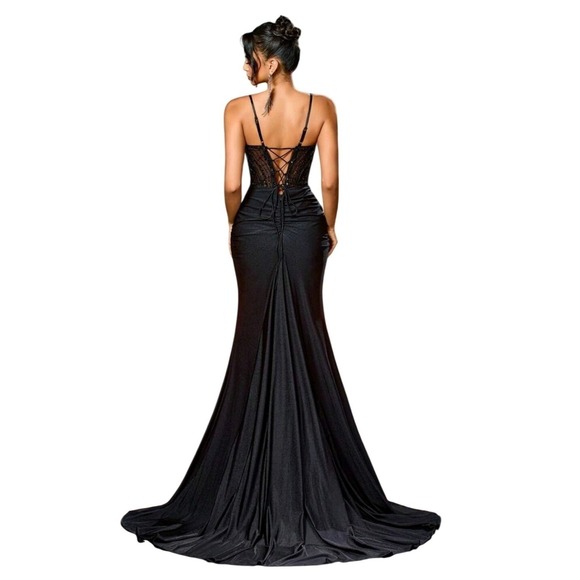 Black Sparkle Corset Slit Gown Formal Evening Special Occasion Size M - Picture 4 of 7